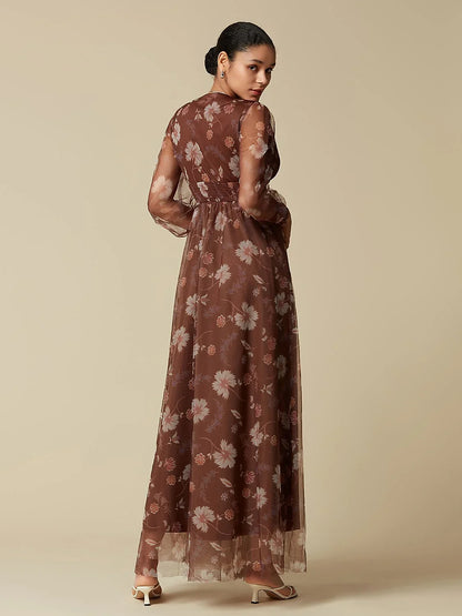 V-Neck Floral Mesh Maxi Dress