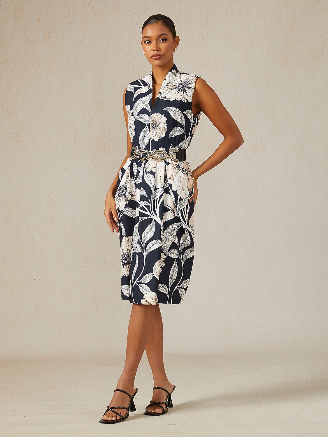 Golden Petal Slub Fabric Party Midi Dress