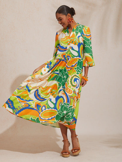 Satin Maxikleid mit Stehkragen und Blumenmuster