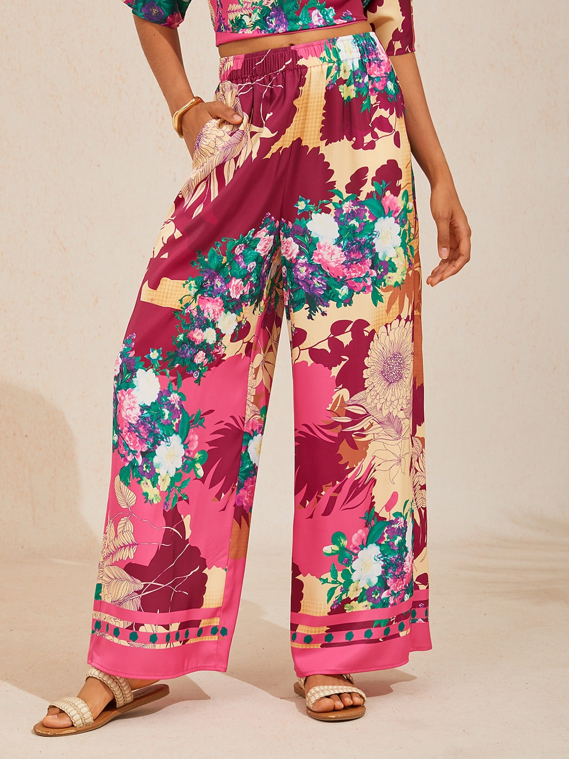 Fiery Pink Rose Silky Satin Wide Leg Pants