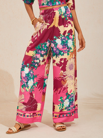Fiery Pink Rose Silky Satin Wide Leg Pants