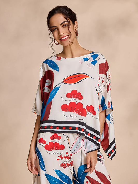 Satin Bateau Irregular Hem Magyar Sleeve Blouse