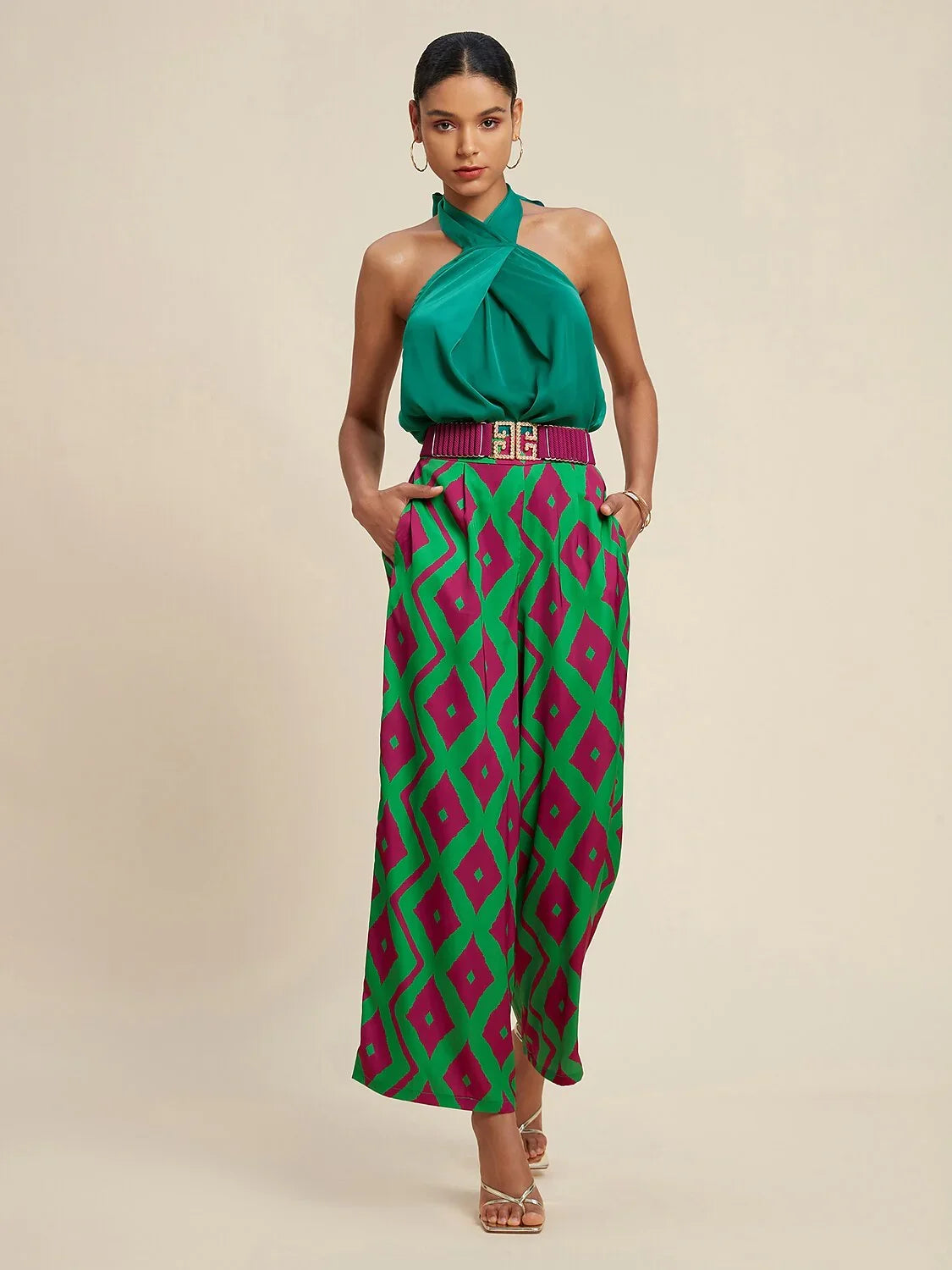 Satin Pocket Geometric Print Micro-elastic Straight Pants