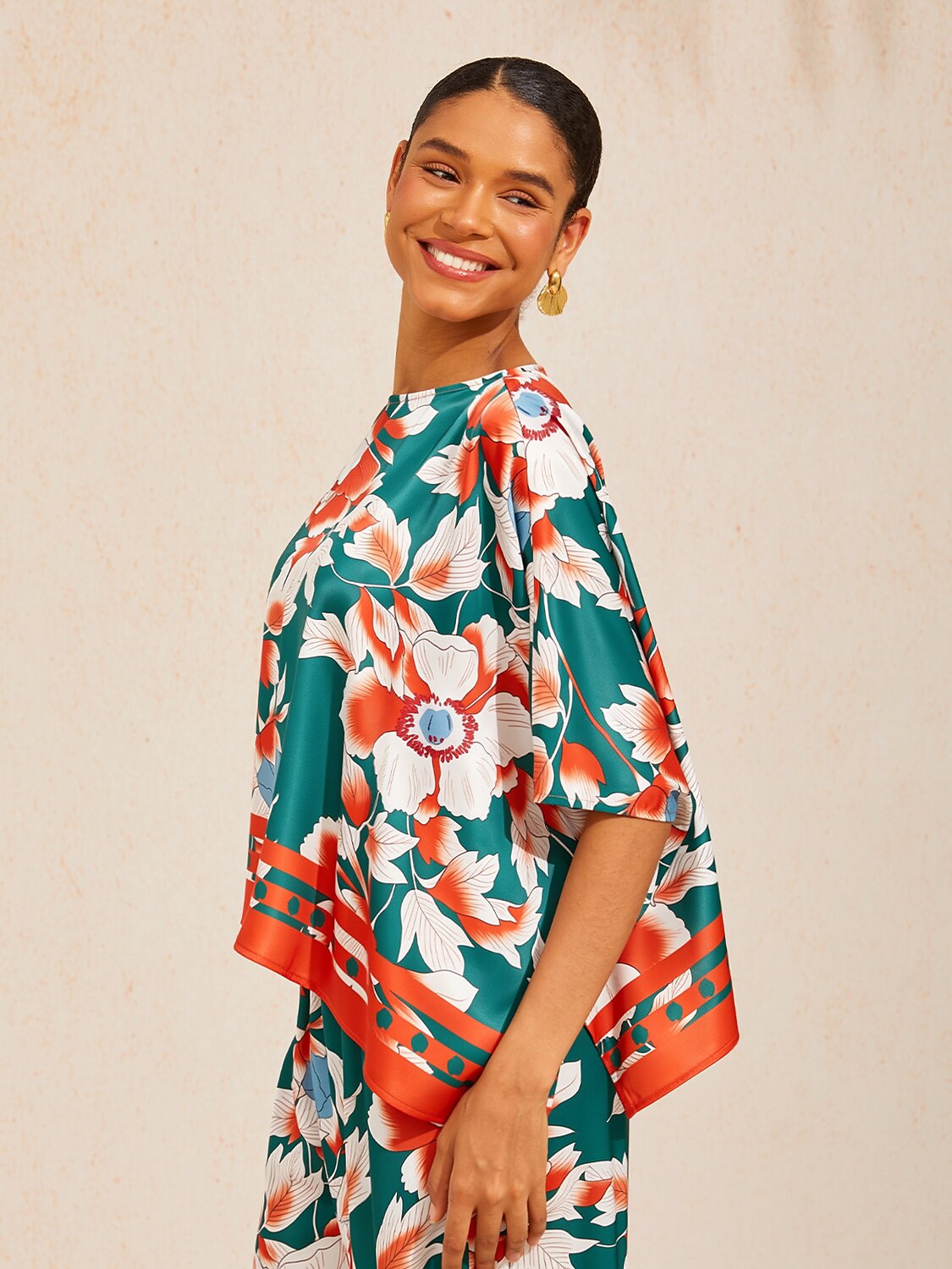 Deep Green Hibiscus Silky Satin batwing Top