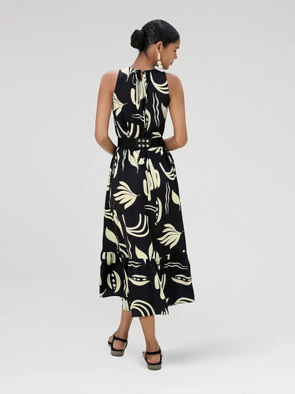 Satin Leaves Print Sleeveless Maxi Dress (No Belt)