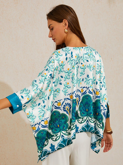 Jade Palace Garden Silky Satin Batwing Top