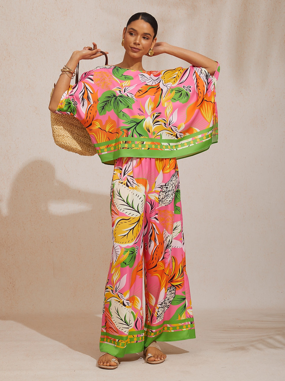 Wild Hibiscus Dream Silky Satin Wide Leg Pants