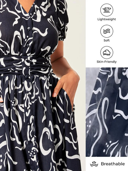 Abstract Art Print Linen-Like Maxi Dress