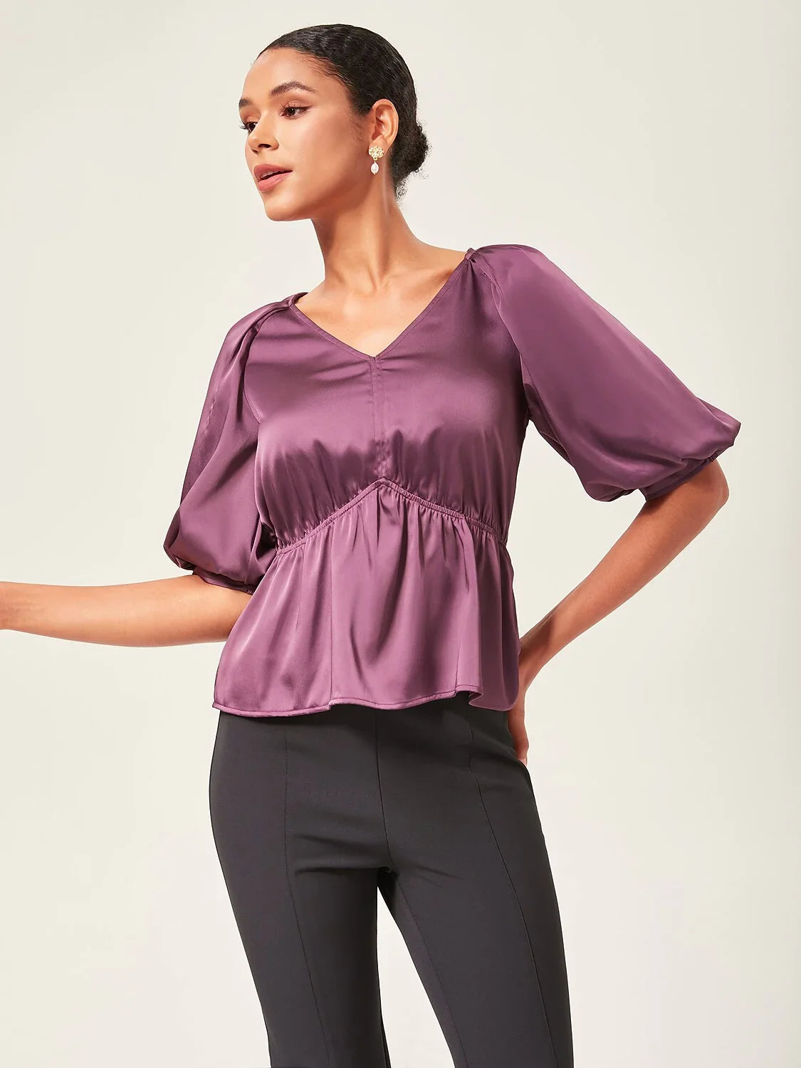 V-Neck Puff Sleeve Peplum Top