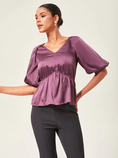 V-Neck Puff Sleeve Peplum Top