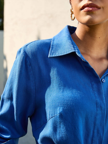 Linen Blend Tie Waist Maxi Shirt Dress