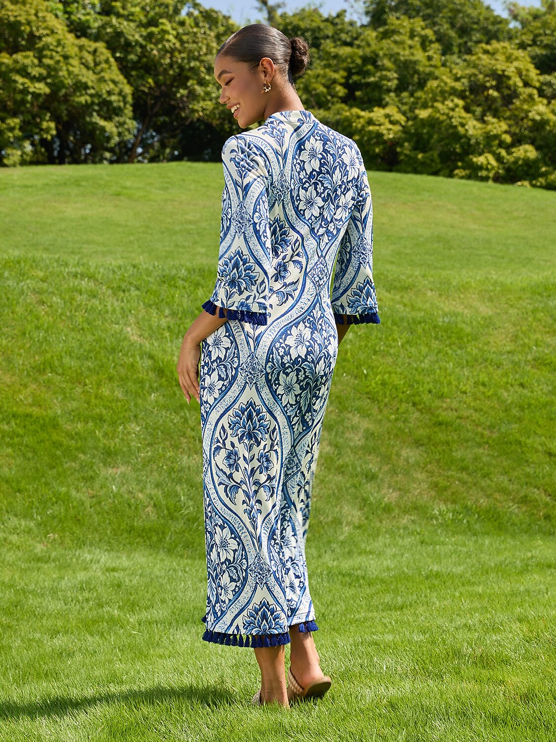 Azure Medallion Acetate Look Stretch Knit Maxi Dress