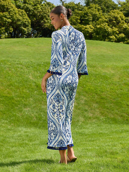 Azure Medallion Acetate Look Stretch Knit Maxi Dress