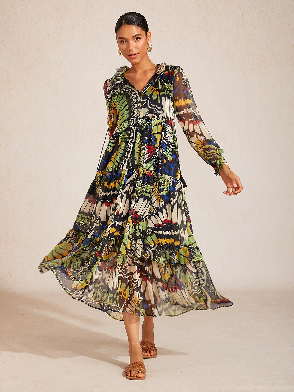 Jungle Butterfly Flowy Chiffon Maxi Dress