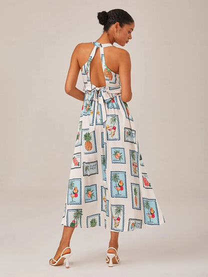 Seamless Pattern Print Halter Neck Maxi Dress
