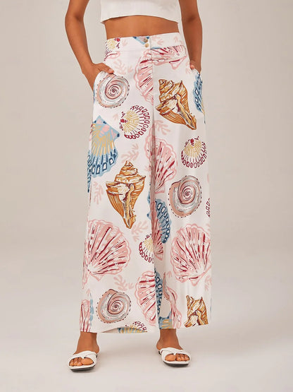 Shell Print Elastic Waist Wide Leg Pants
