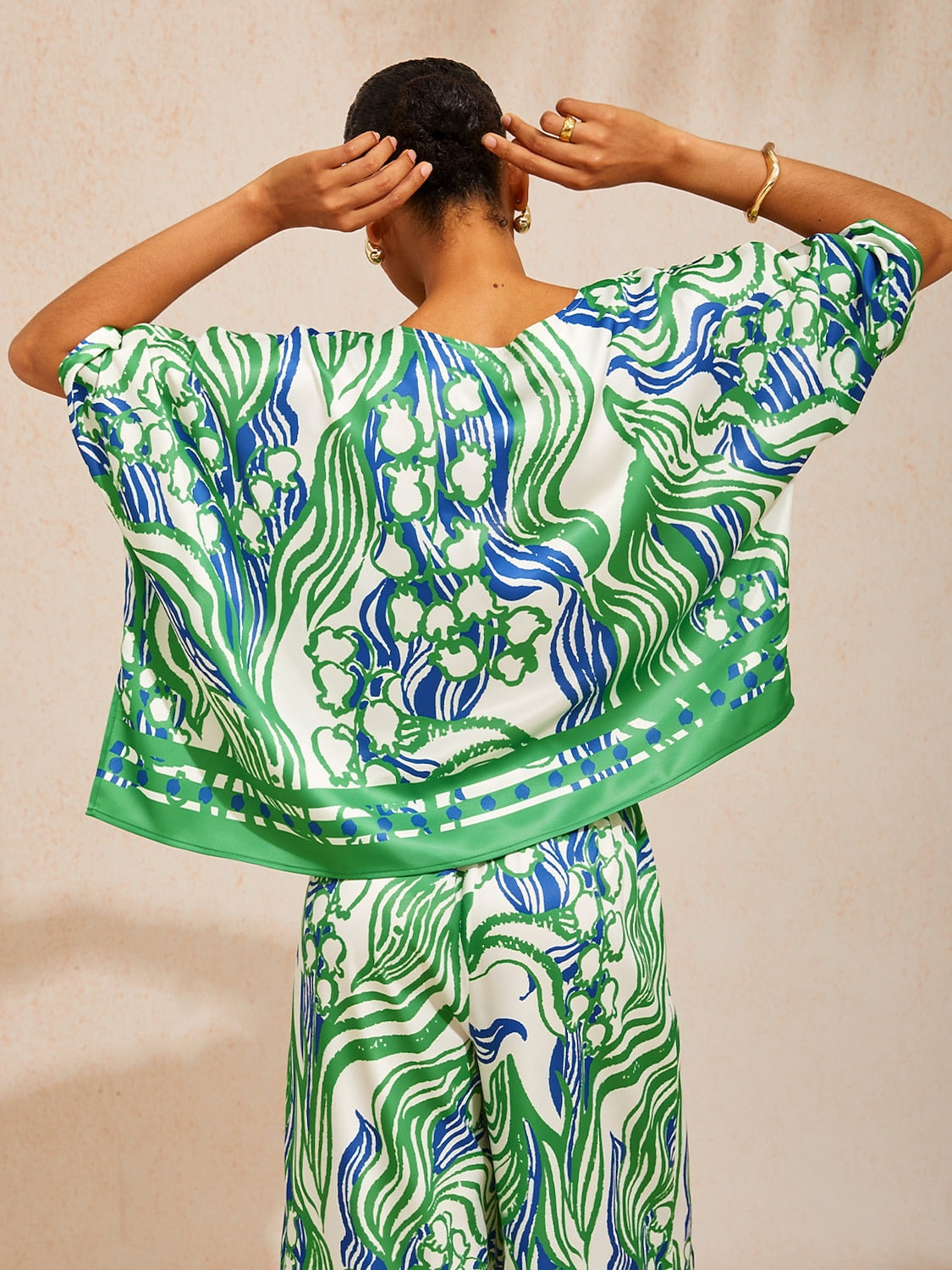 Pastel Floral Garden Silky Satin Dolman Batwing Top