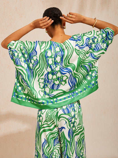 Pastel Floral Garden Silky Satin Dolman Batwing Top