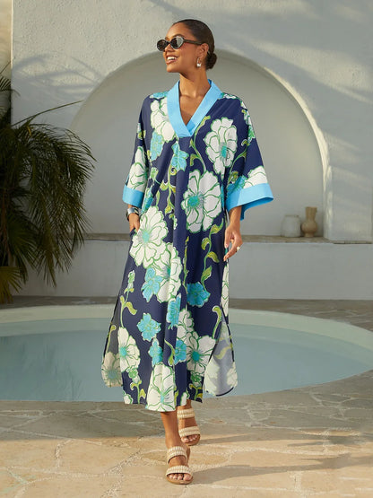 Vacation Color Block Floral Dolman Sleeve Loose Fit Rayon Like Maxi Dress