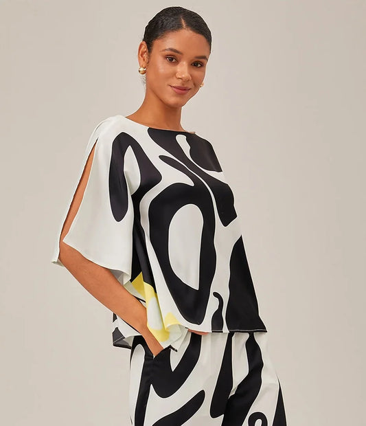 Satin Combo Magyar Black Flowy Graphic Shirt