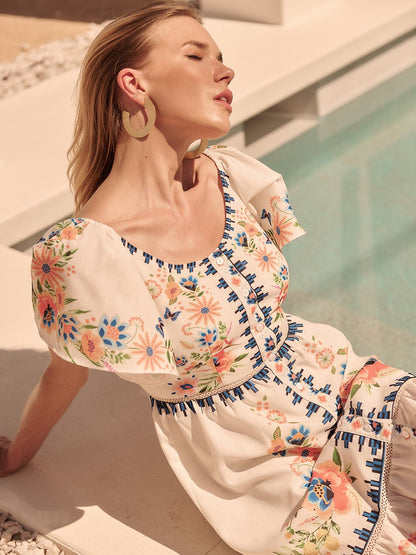 Linen like Floral Geometric Ruched Maxi Dress Vacation