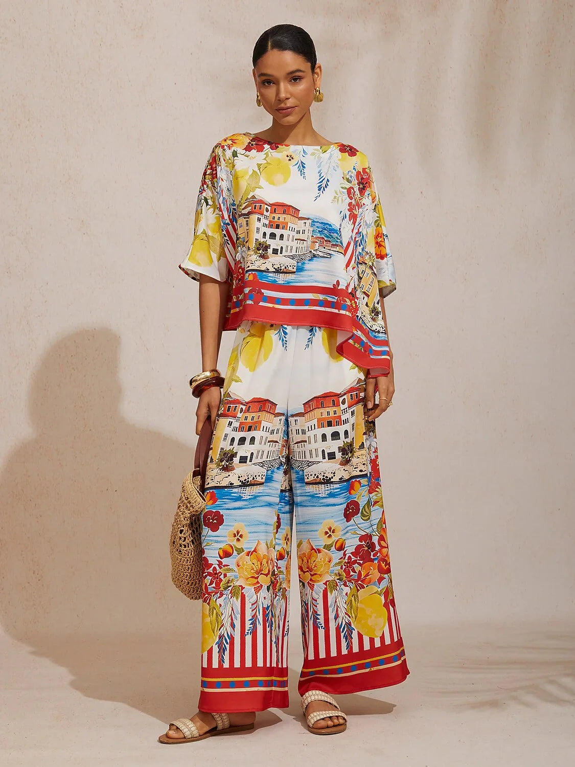 Summer Night Palm Silky Satin Wide Leg Pants