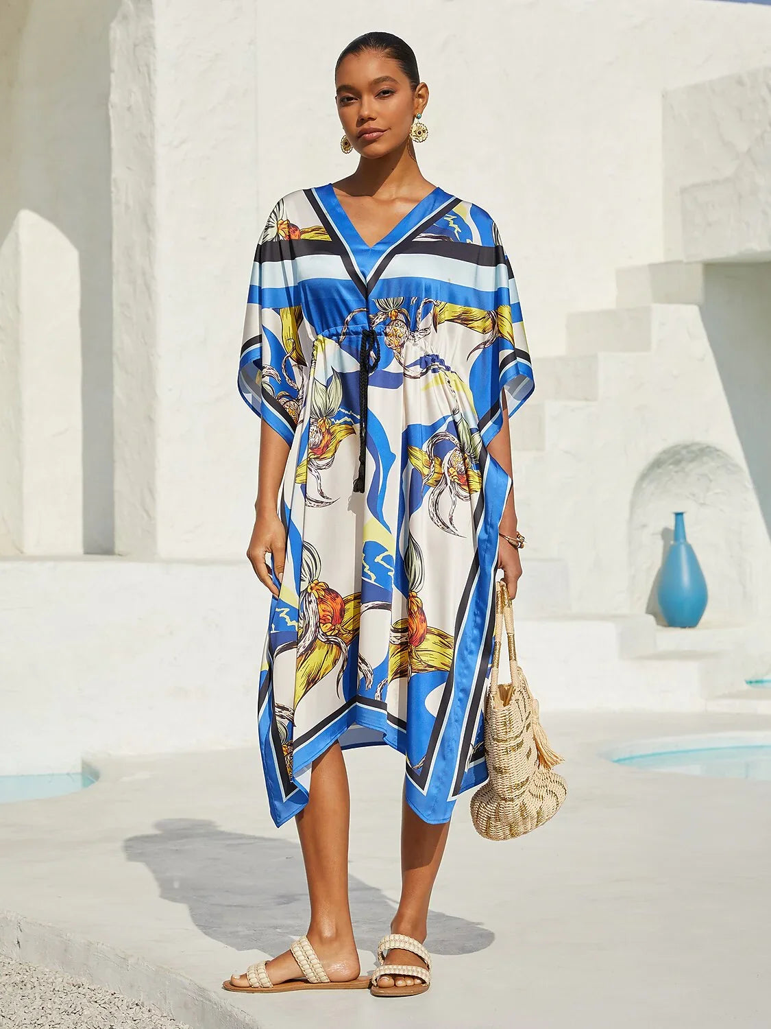 Ocean Blue Orchid Silky Satin Kaftan