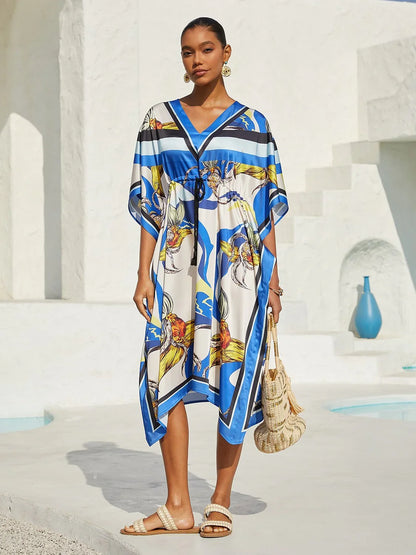 Ocean Blue Orchid Silky Satin Kaftan