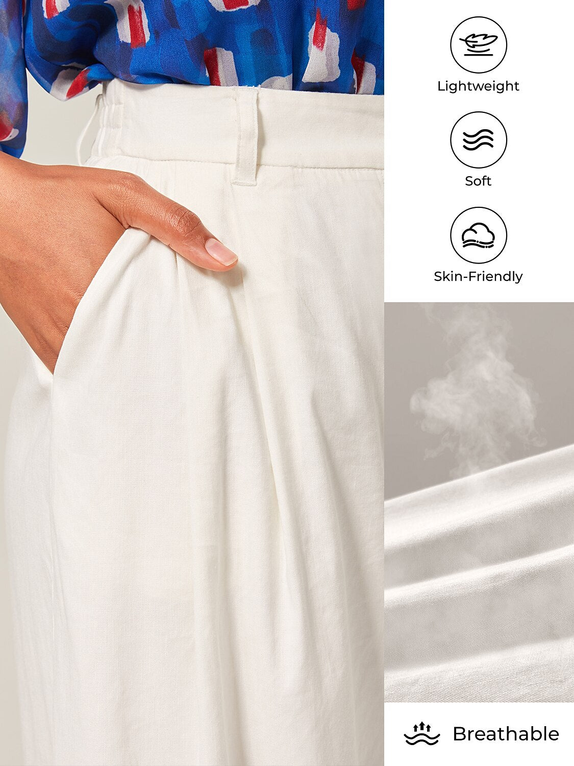 Atmungsaktive Leinenhose in Off-White mit weitem Bein