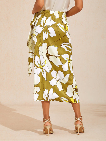Golden Petal Glow Silky Satin Wrap Skirt