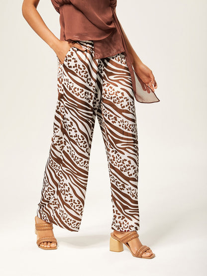 Elastic Waist Animal Print Wide-Leg Pants