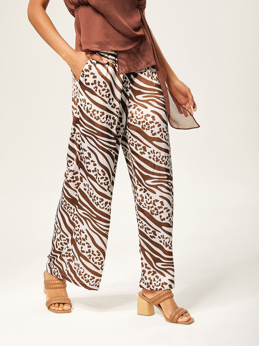 Elastic Waist Animal Print Wide-Leg Pants
