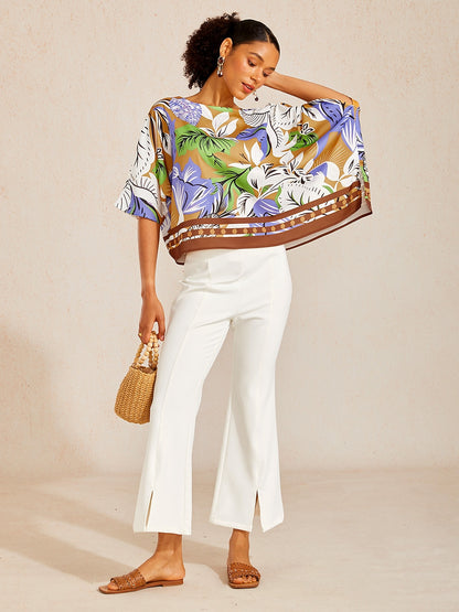 Boho-Paisley-Oberteil aus seidigem Satin mit Dolman-Ärmeln