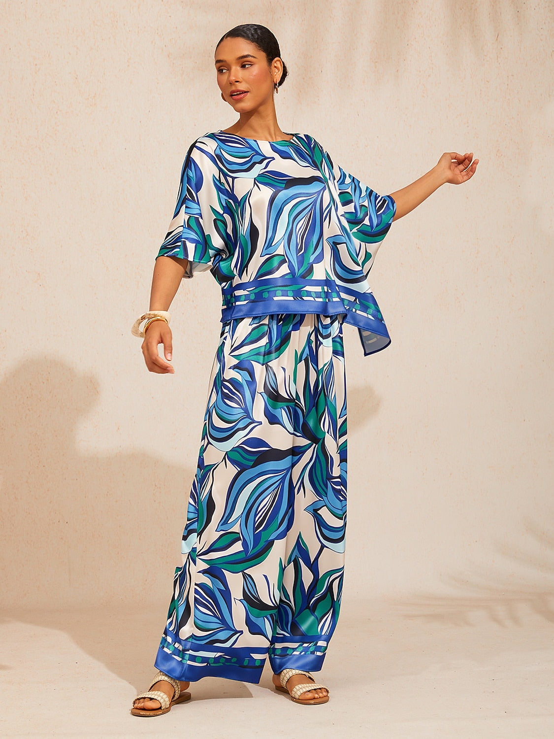 Marble Flora Silky Satin Dolman Sleeve Batwing Top