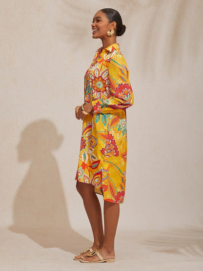Boho Paisley Silky Satin Shirt Dress