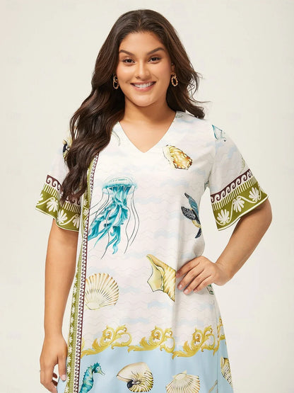 Resort-Style Ocean Print Straight-Cut Mini Dress