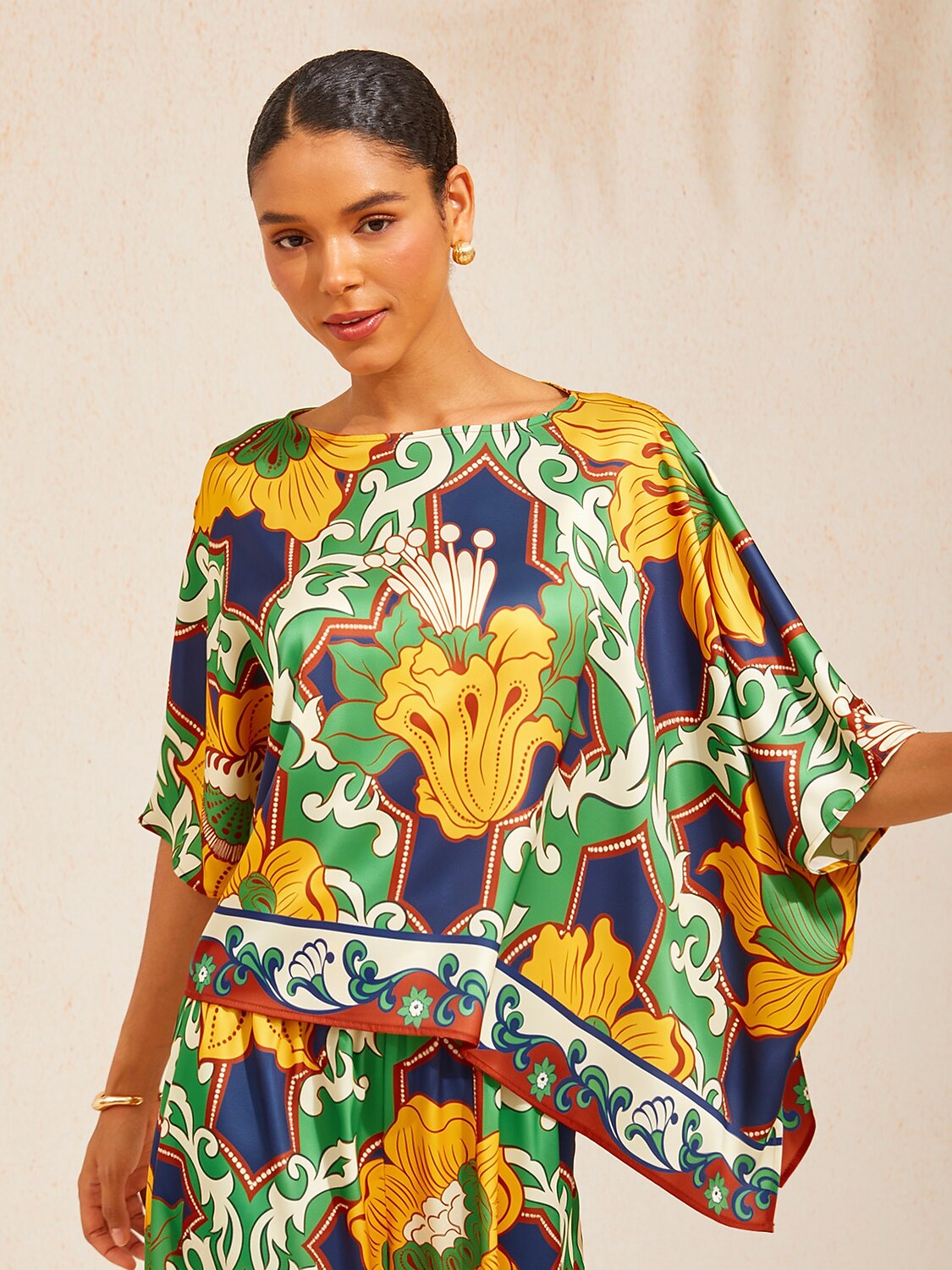 Emerald Bloom Bazaar Silky Satin Batwing Top