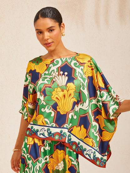 Emerald Bloom Bazaar Silky Satin Batwing Top