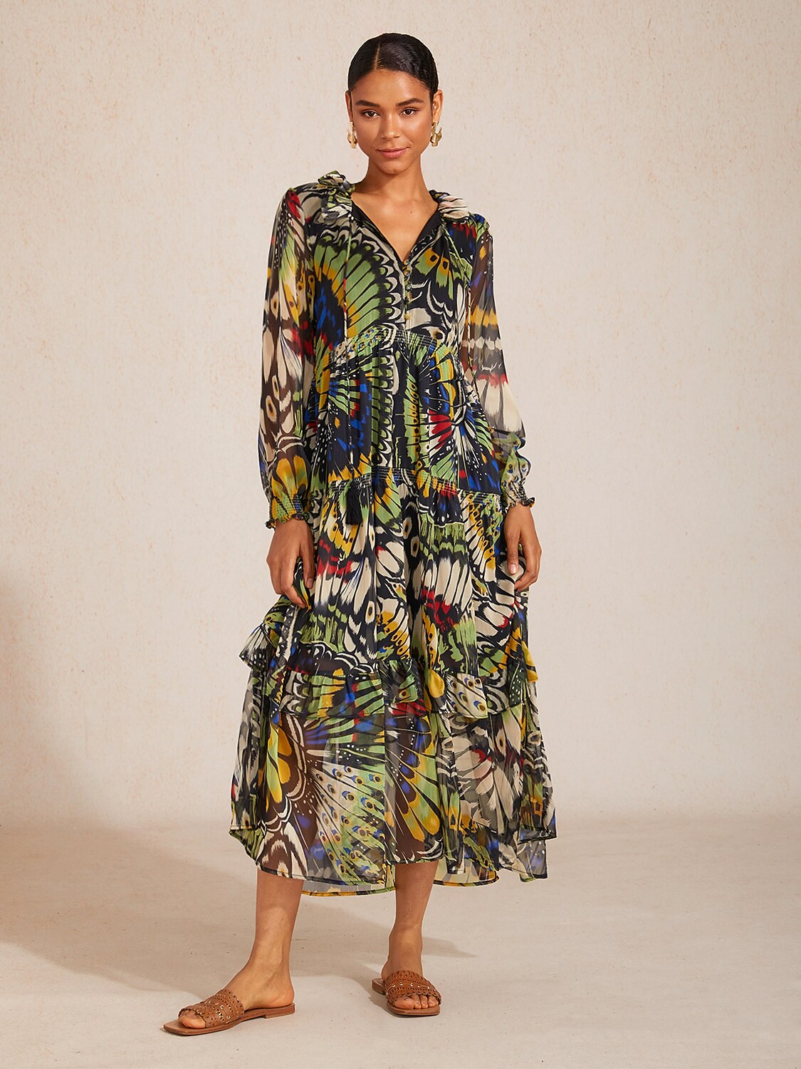 Jungle Butterfly Flowy Chiffon Maxi Dress