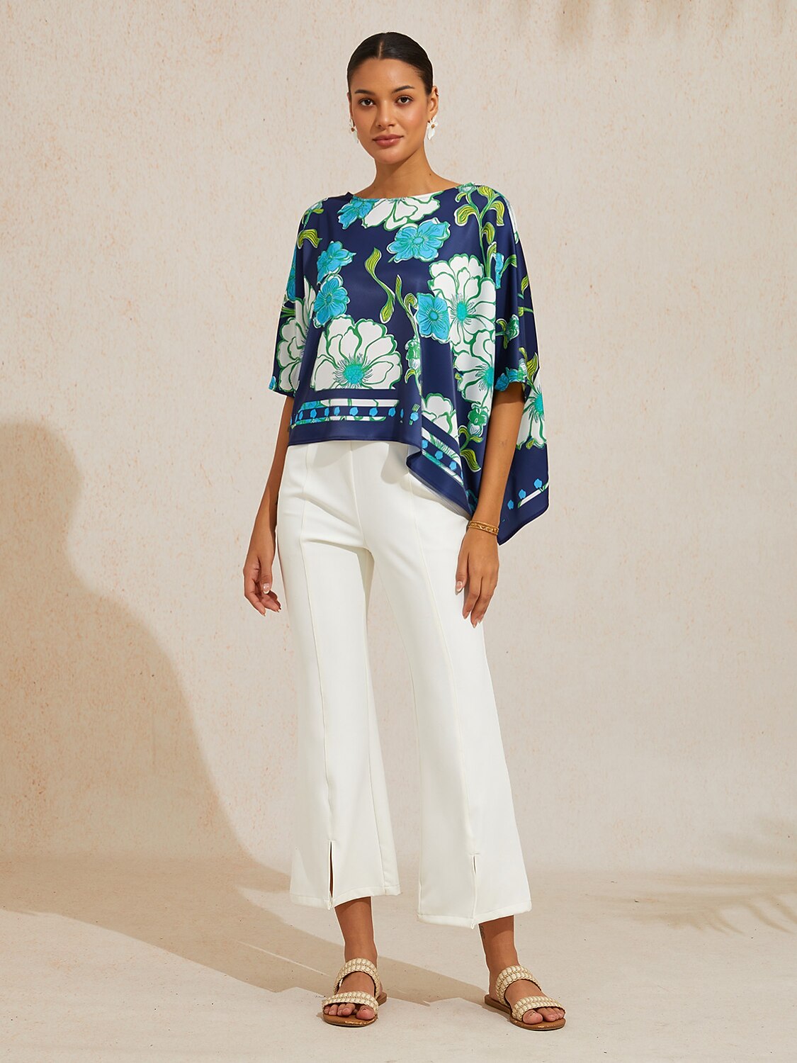Emerald Tide Bloom Silky Satin Dolman Sleeve Top