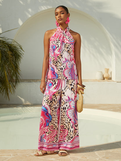 Pastel Floral Garden  Satin Wide Leg Pants