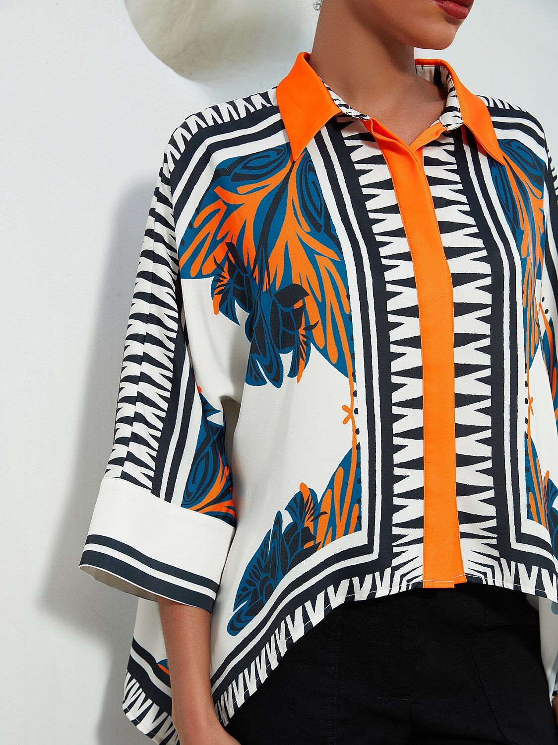 Satin Ethnic Print Block Printing Collar Shirt
