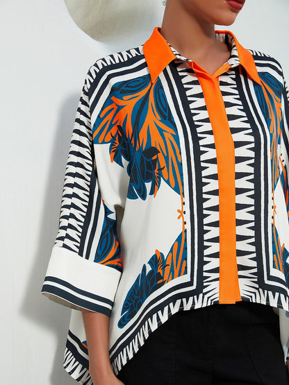 Satin Ethnic Print Block Printing Collar Shirt
