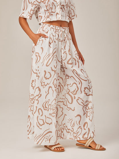 Artistic Print Elastic Linen-Like Wide-Leg Pants