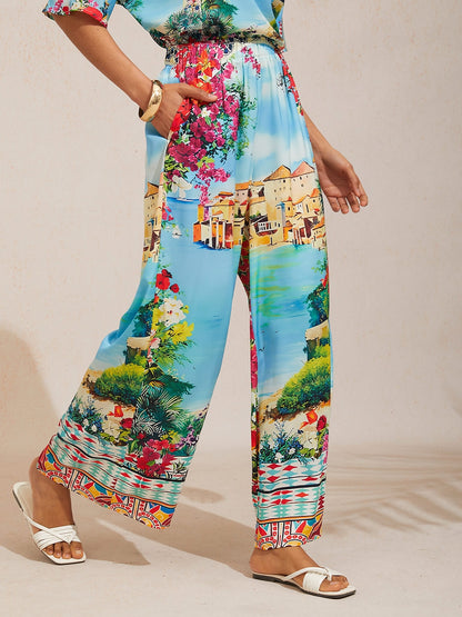 Boho Paisley Silky Satin Wide Leg Pants