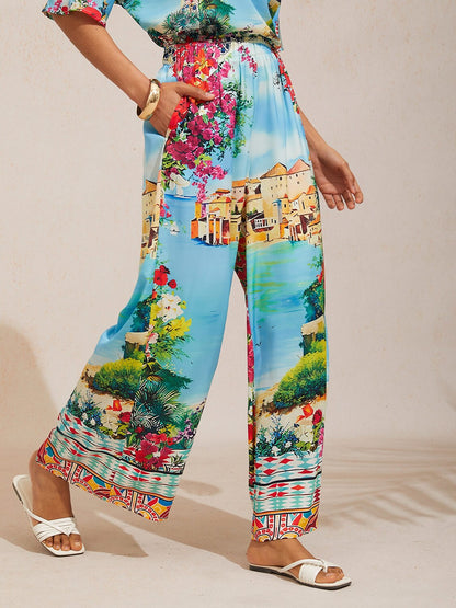 Wild Hibiscus Dream Hose mit weitem Bein aus seidigem Satin