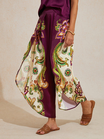 Burgundy Paisley Silky Satin Slit Wide Leg Pants