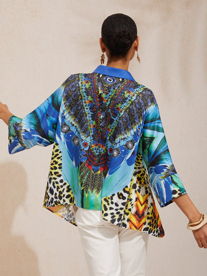 Mallorca Blossom Silky Satin Dolman Sleeve Button Down Shirt