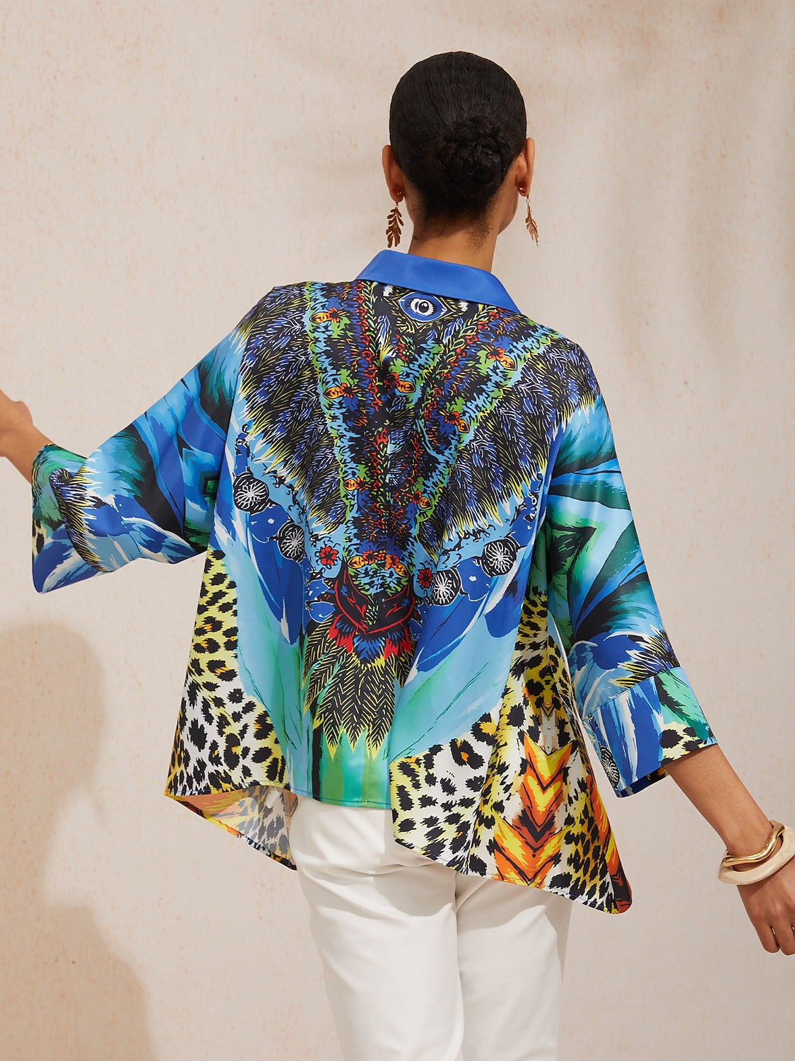 Balearic Islands Blue Silky Satin Dolman Sleeve Button Down Shirt
