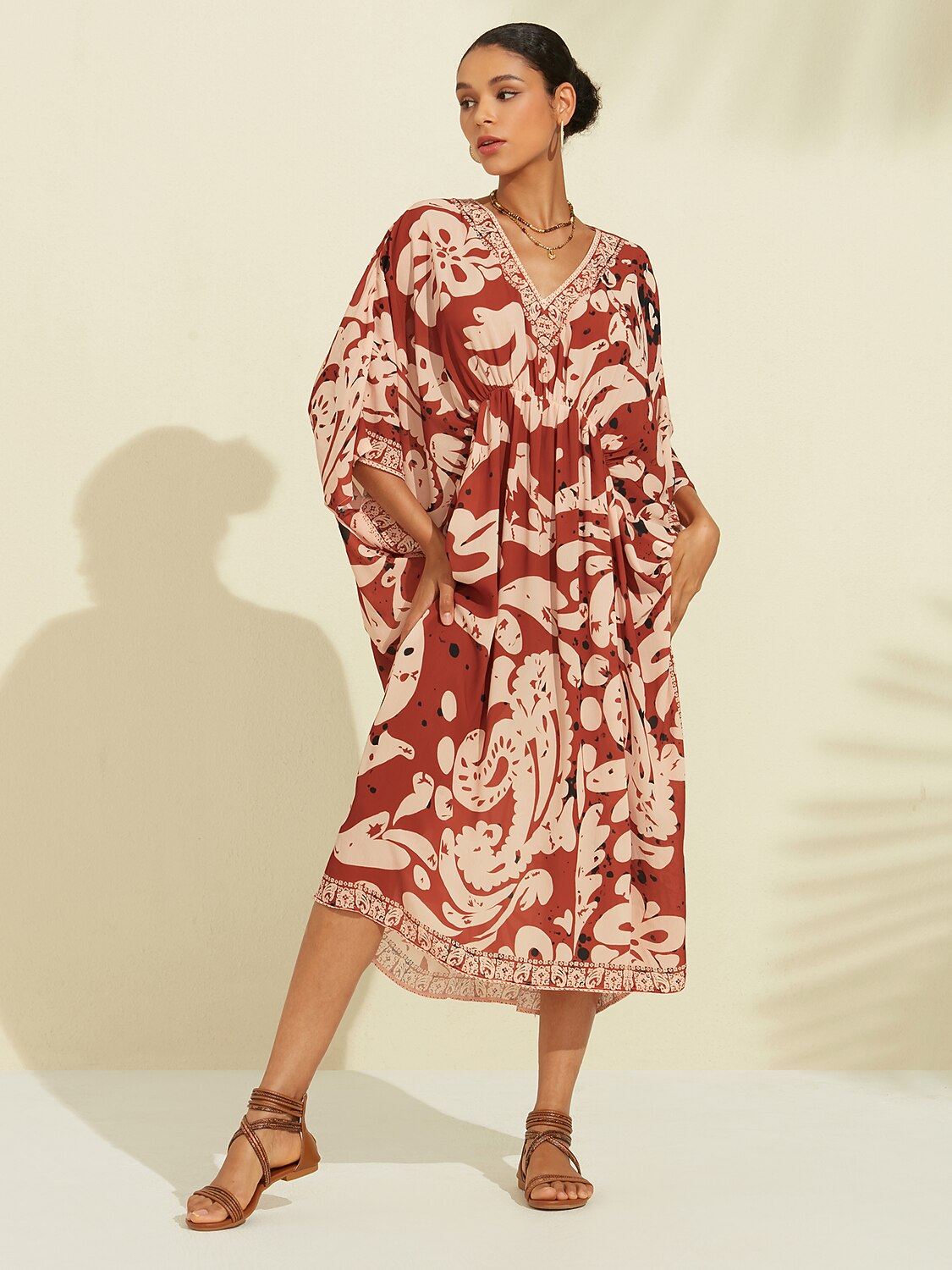 Boho Paisley Print Midi V-Neck Chiffon Kaftan